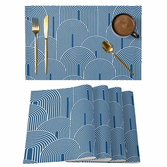 Navy Blue Ombre Placemats Set of 8, Farmhouse Stripes Modern Abstract Art Placemats for Dining Table, Place Mats for Kitchen Tabletop, Waterproof Wipeable Dining Table Mats Set