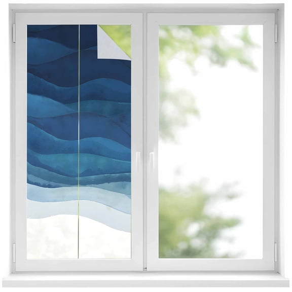 Navy Blue Ombre Privacy Window Film, Decorative Frosted Glass Window Film, Modern Moire Gradient Watercolor Reusable Peel and Stick Static Cling for Home Bathroom Office Glass Door 17.7"x39.3"