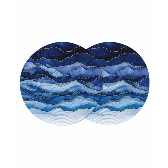 Navy Blue Ombre Round 13 Inch Placemats Set of 2, Modern Moire Abstract Art Luxury HeatResistant Non Slip Place Mats for Dining Table, Wipeable Braided Kitchen Table Mats for Housewarming