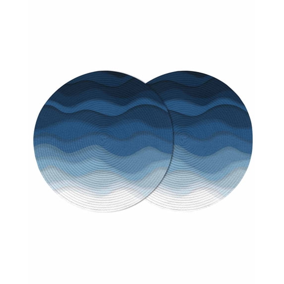 Navy Blue Ombre Round 13 Inch Placemats Set of 2, Modern Moire Wave Gradient HeatResistant Non Slip Place Mats for Dining Table, Wipeable Braided Kitchen Table Mats for Housewarming