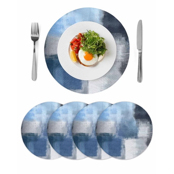 Navy Blue Ombre Round 13 Inch Placemats Set of 4, Modern Oil Painting Geometric HeatResistant Non Slip Place Mats for Dining Table, Wipeable Braided Kitchen Table Mats for Housewarming
