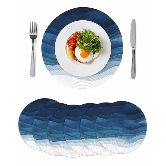 Navy Blue Ombre Round 13 Inch Placemats Set of 6, Modern Moire Gradient Watercolor HeatResistant Non Slip Place Mats for Dining Table, Wipeable Braided Kitchen Table Mats for Housewarming