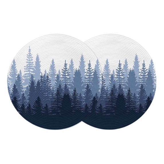 Navy Blue Ombre Round 15 Inch Placemats Set of 2, Primeval Forest Modern Abstract Art Aesthetics HeatResistant Non Slip Place Mats for Dining Table, Wipeable Kitchen Table Mats for Housewarming