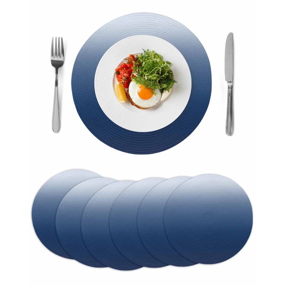 Navy Blue Ombre Round 15 Inch Placemats Set of 6, Modern Abstract Art Gradient Aesthetics HeatResistant Non Slip Place Mats for Dining Table, Wipeable Braided Kitchen Table Mats for Housewarming