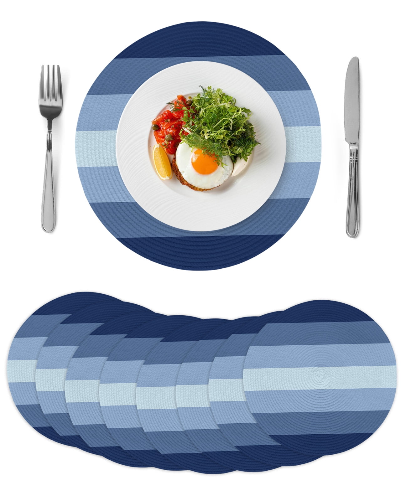 Navy Blue Ombre Round 15 Inch Placemats Set of 8, Gradient Navy Blue Woods Farmhouse HeatResistant Non Slip Place Mats for Dining Table, Wipeable Braided Kitchen Table Mats for Housewarming