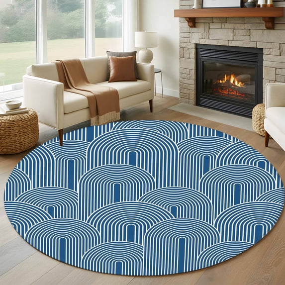 Navy Blue Ombre Round Area Rug 7Ft Washable Circle Rugs for Dorm Laundry Room, Farmhouse Stripes Modern Abstract Art Non-Slip Carpet Floor Mats Indoor Outdoor Carpet Runner Aesthetic Home Decor