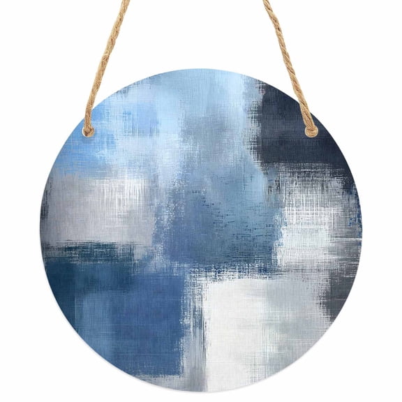 Navy Blue Ombre Round Front Door Welcome Sign, 5.9 Inch Wall Hanging Decor for Indoor Outdoor, Modern Oil Painting Geometric Home Porch Hanger Decorations for Holiday Gift