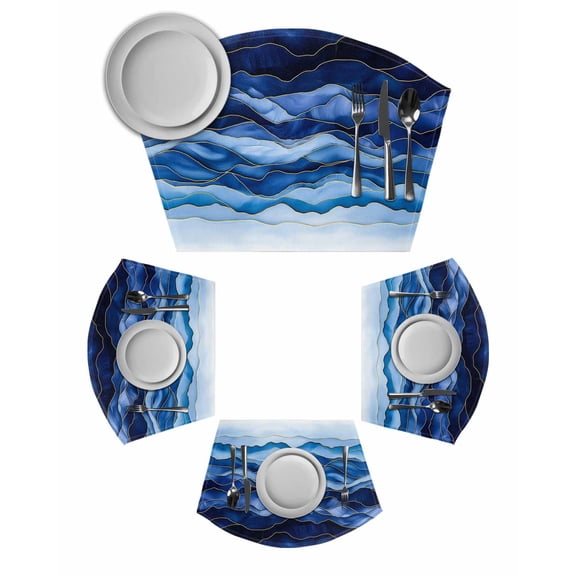 Navy Blue Ombre Round Table Placemats Set of 2 Wedge Placemats, Modern Moire Abstract Art Luxury Place Mats for Dining Table Set Washable Mats Kitchen Decor for Indoor Outdoor Wipe Clean