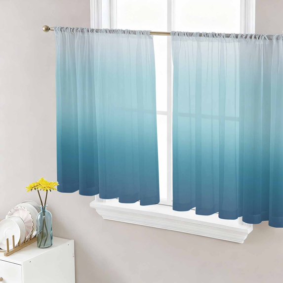 Navy Blue Ombre Semi Sheer Curtains 45 Inch Length 2 Panels Set, Teal White Gradient Modern Abstract Art Sheer Kitchen Curtain Privacy Voile Window Curtain for Living Room Bedroom Rod Pocket Drapes
