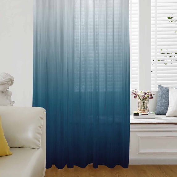 Navy Blue Ombre Semi Sheer Curtains Drapes for Living Room, Bedroom, French Doors Window 45 Inches Long, Contemporary Gradient Abstract Art Rod Pocket Chiffon Curtain Drapery Voile Draperies Panel