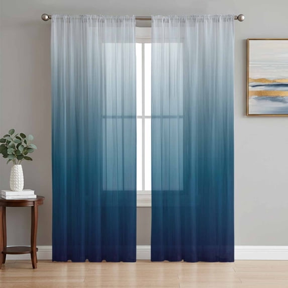 Navy Blue Ombre Sheer Curtains 108 Inch Length 2 Panels Set Window Treatments, Contemporary Gradient Abstract Art Rod Pocket Semi Curtains for Living Room/Bedroom/Kitchen Décor, 104"W x 108"L