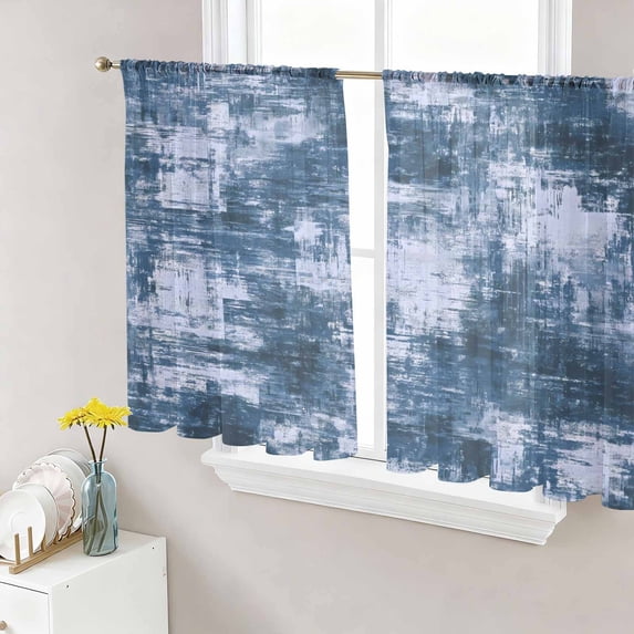 Navy Blue Ombre Sheer Curtains 45 Inch Length 2 Panels Set, Gradient Abstract Art Vintage Voile Window Treatment Rod Pocket Small Kitchen Curtains Drapes for Bedroom 52"x45"x2