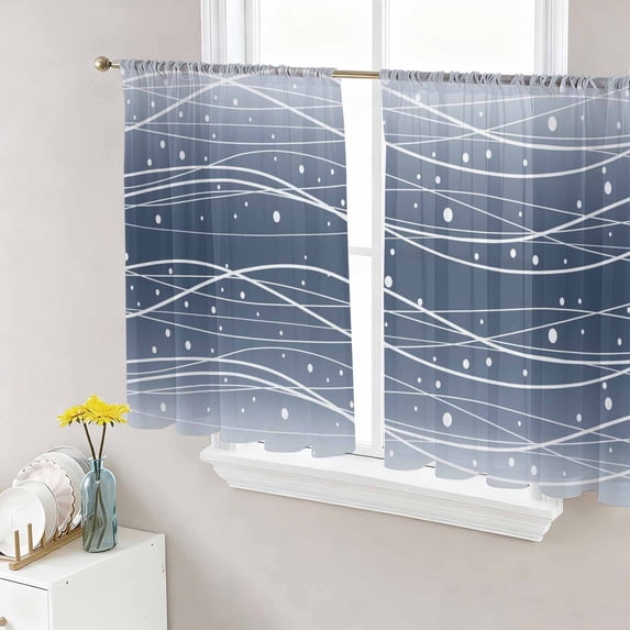 Navy Blue Ombre Sheer Curtains 45 Inch Length 2 Panels Set, Modern Abstract Striped Polka Dots Voile Window Treatment Rod Pocket Small Kitchen Curtains Drapes for Bedroom 52"x45"x2