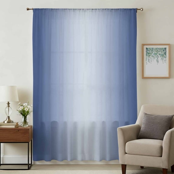 Navy Blue Ombre Sheer Curtains 45 Inches Long, Modern Gradient Abstract Art Light Filering Curtains, Breathable Simi Curtain Privacy Drapes for Kitchen Bathroom Lightweight Small Window Treatment
