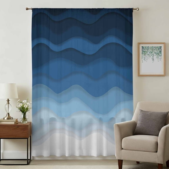 Navy Blue Ombre Sheer Curtains 54 Inches Long, Modern Moire Wave Gradient Light Filering Curtains, Breathable Simi Curtain Privacy Drapes for Kitchen Bathroom Nursery Small Window Treatment