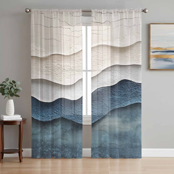 Navy Blue Ombre Sheer Curtains 72 Inch Length 2 Panels Set, Modern Wave Abstract Art Voile Window Treatment Rod Pocket Curtains Sheers Drapes for Bedroom/Living Room/Kitchen 52"x72"x2