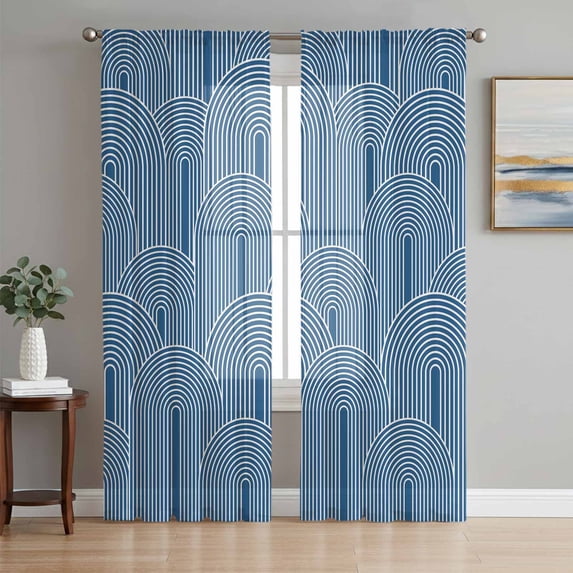 Navy Blue Ombre Sheer Curtains 84 Inch Length 2 Panels Set Window Treatments, Farmhouse Stripes Modern Abstract Art Rod Pocket Semi Curtains for Living Room/Bedroom/Kitchen Décor, 104"W x 84"L