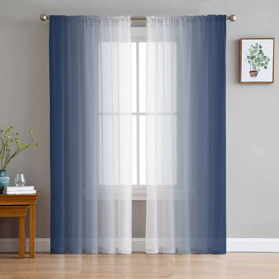 Navy Blue Ombre Sheer Curtains 84 Inches Long 2 Panels Set, Window Sheer Curtains for Living Room/Bedroom, Blue White Gradient Modern Abstract Art Light Filtering Rod Pocket Curtain 52'' x 84'' x 2