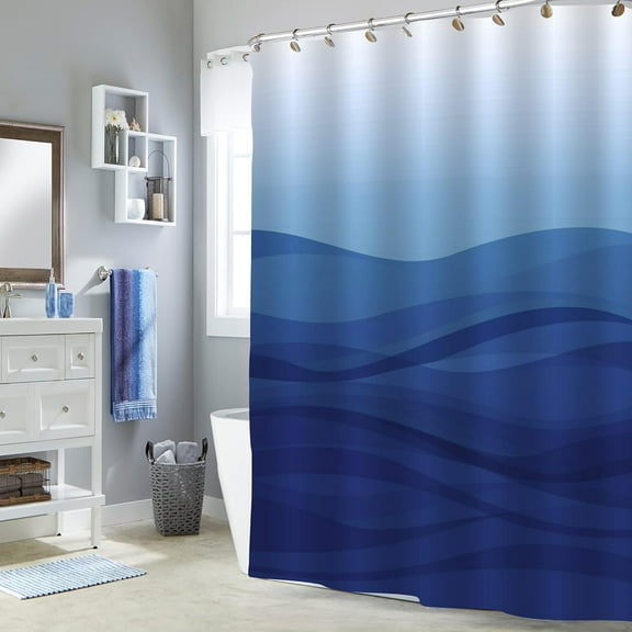 Navy Blue Ombre Shower Curtain Set, Abstract Ocean Shower Curtain, Royal Blue Striped Standard Shower Curtain for Modern Bathroom Decor, Dark Blue Waves Fabric Shower Curtain, 72 x 72