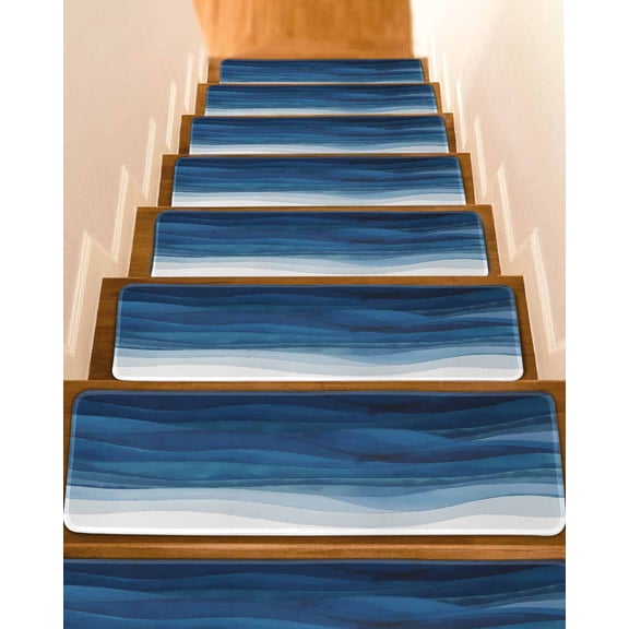 Navy Blue Ombre Stair Treads for Wooden Steps Indoor Runner Rug Carpet, Modern Moire Gradient Watercolor 15 Pieces Peel and Stick Staircase Step Treads Covers Washable Throw Door Mats, 30"x8"