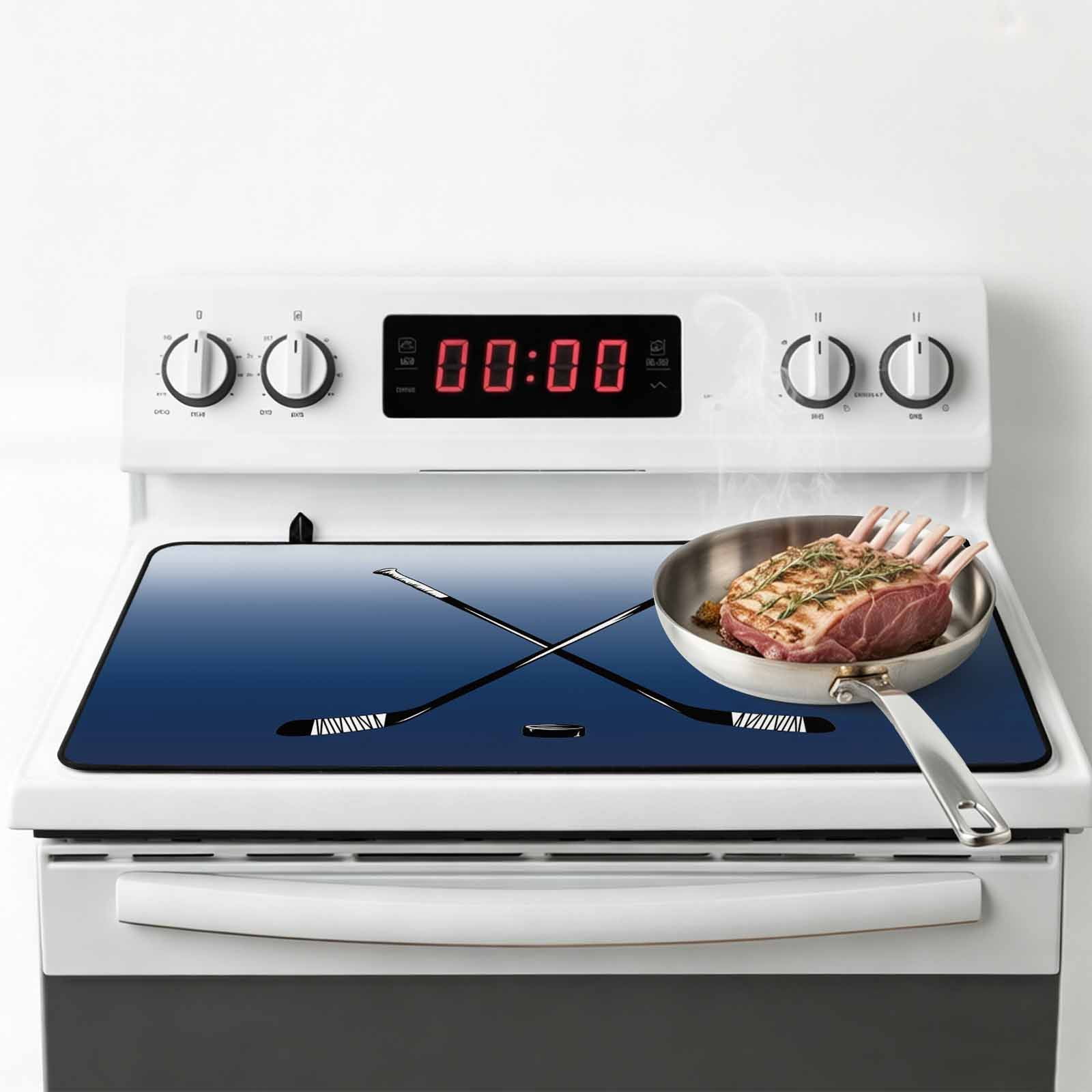 Navy Blue Ombre Stove Top Cover for Electric Stove, Heat-proof & Non Slip Glass Top Stove Cover Protector, Black Hockey Sticks Minimalist Style Kitchen Flat Cooktop Rubber Mat 24x21 Inches