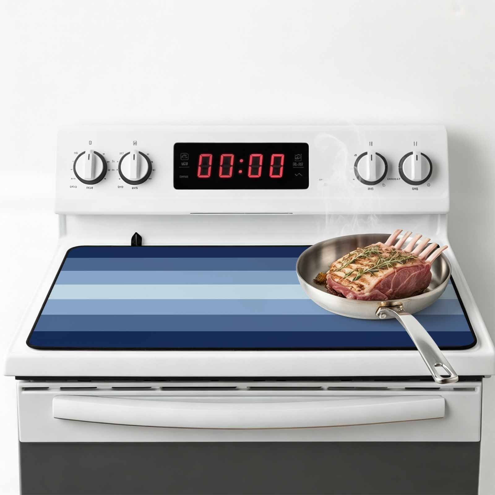 Navy Blue Ombre Stove Top Cover for Electric Stove, Heat-proof & Non Slip Glass Top Stove Cover Protector, Gradient Navy Blue Woods Farmhouse Kitchen Flat Cooktop Rubber Mat 36x21 Inches