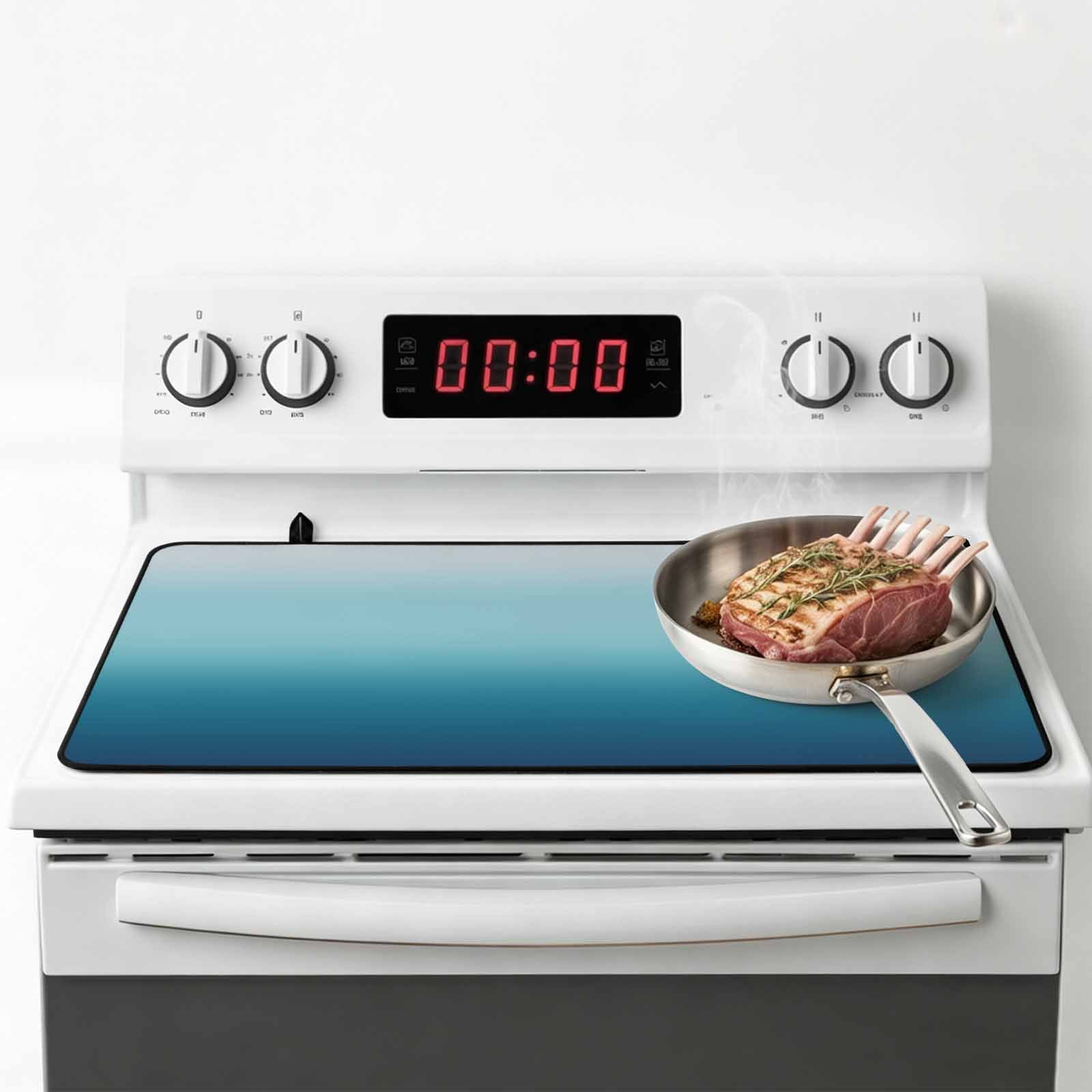 Navy Blue Ombre Stove Top Cover for Electric Stove, Heat-proof & Non Slip Glass Top Stove Cover Protector, Teal White Gradient Modern Abstract Art Kitchen Flat Cooktop Rubber Mat 36x21 Inches