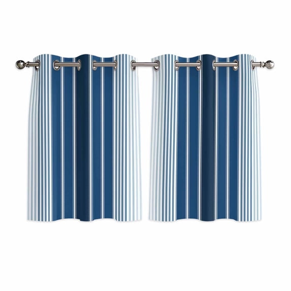 Navy Blue Ombre Stripe Kitchen Curtains Short 45 Inch Length, Farmhouse Simple Striped Grommet Top Bedroom Living Room Curtains, Light Filtering Cafe Curtain Drapes 2 Panels Set 84''x45''