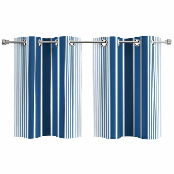 Navy Blue Ombre Stripe Kitchen Curtains Small Short 39 Inch Length, Farmhouse Simple Striped Grommet Top Bedroom Living Room Curtains, Light Filtering Cafe Curtain Drapes 2 Panels Set 55''x39''