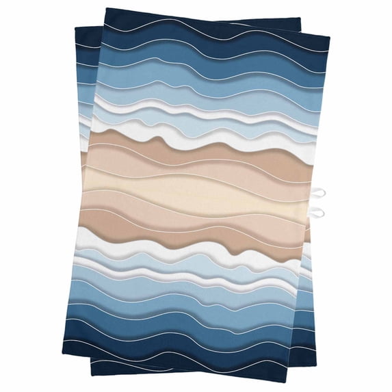 Navy Blue Ombre Stripe Kitchen Towels Set of 2, Water Absorbent Dish Towel, Abstract Summer Beach Coastal Decorative Hand Towels - Quick Drying Cloth for Cooking Baking, 18x28 Inch