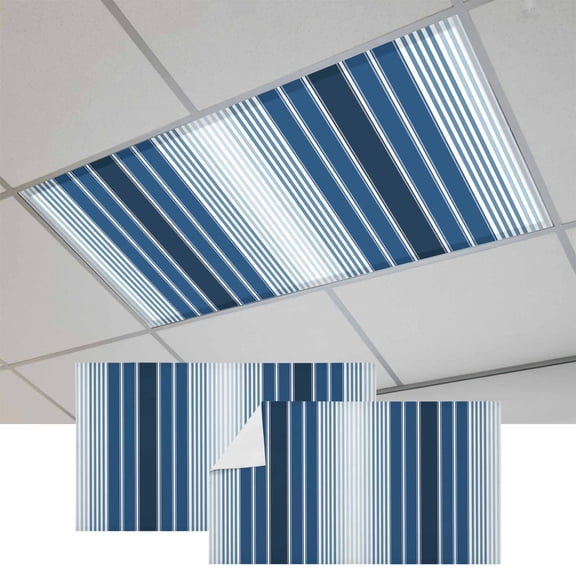 Navy Blue Ombre Stripe Magnetic Fluorescent Light Covers for Ceiling Lights 2x4 Feet, Farmhouse Simple Striped Office Classroom Kitchen Drop Ceiling Light Covers Lighting Filters Shade Panel 2 Packs
