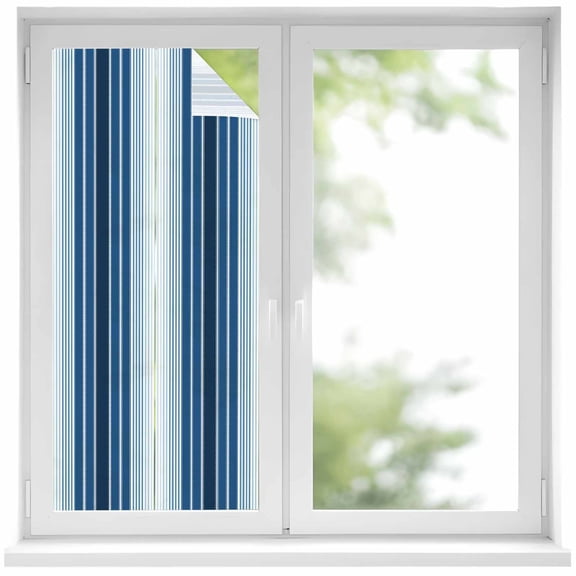 Navy Blue Ombre Stripe Privacy Window Film, Decorative Frosted Glass Window Film, Farmhouse Simple Striped Reusable Peel and Stick Static Cling for Home Bathroom Office Glass Door 17.7"x39.3"