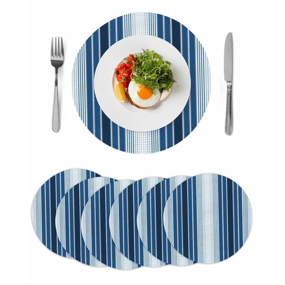Navy Blue Ombre Stripe Round 13 Inch Placemats Set of 6, Farmhouse Simple Striped HeatResistant Non Slip Place Mats for Dining Table, Wipeable Braided Kitchen Table Mats for Housewarming