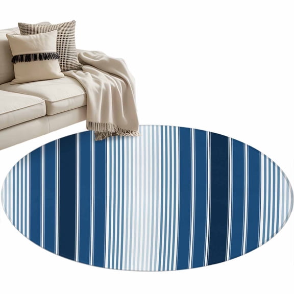 Navy Blue Ombre Stripe Round Area Rug 3 FT, Small Kitchen Bathroom Mat, Farmhouse Simple Striped Washable Indoor Outdoor Throw Runner Carpet Non-Shedding Doormat for Table Shower Sofa Entryway