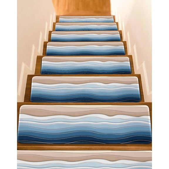 Navy Blue Ombre Stripe Stair Treads for Wooden Steps Indoor Runner Rug Carpet, Abstract Summer Beach Coastal 4 Pieces Peel and Stick Staircase Step Treads Covers Washable Throw Door Mats, 30"x8"
