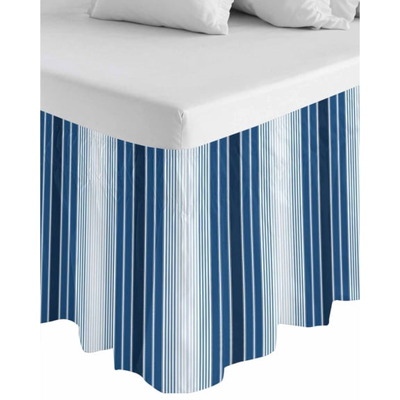 Navy Blue Ombre Stripe Wrap Around Bed Skirts for King Bed 18" Drop, Bed Skirt with Adjustable Elastic Belt Dust Ruffle Bed Valance for Bedroom Hotel Luxury Farmhouse Simple Striped Bed Frame Cover