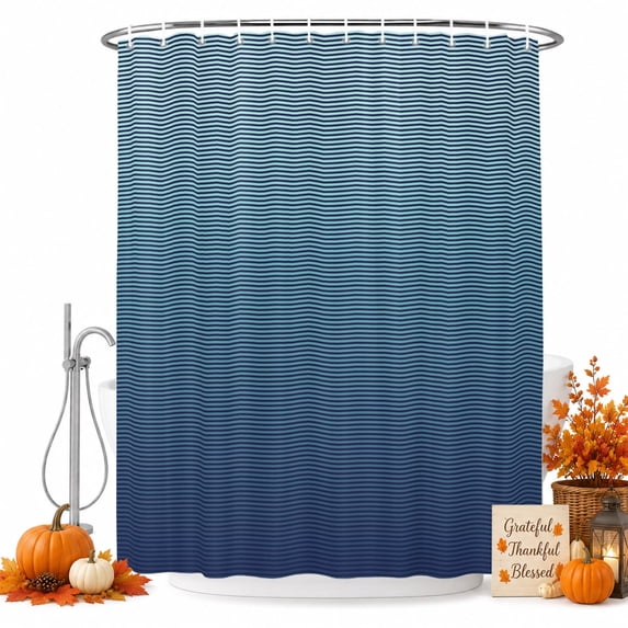 Navy Blue Ombre Striped Shower Curtain Set - 48" x 72" Washable Bathtub Curtain with 12 Hooks, Blue Line Stripes Farmhouse Waterproof Fabric Stall Shower Curtains for Bathroom/Bathtub Décor