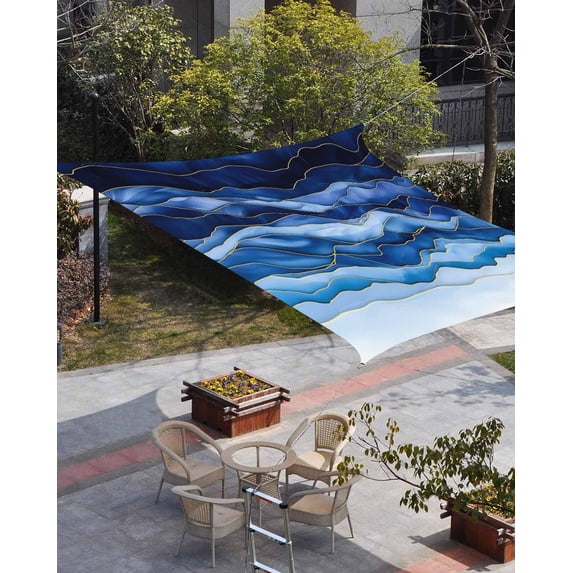 Navy Blue Ombre Sun Shade Sail 12'x16' Rectangle Outdoor Shade Canopy, Modern Moire Abstract Art Luxury Porch Shades Outdoor Sun Blocking Screen, Sunshade Cloth Covers for Patio/Deck/Garden