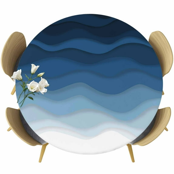 Navy Blue Ombre Table Cloth, Round Fitted Tablecloths with Elastic Edge, Modern Moire Wave Gradient Wipeable Waterproof Table Cover for Kitchen Wedding 45-54 Inches