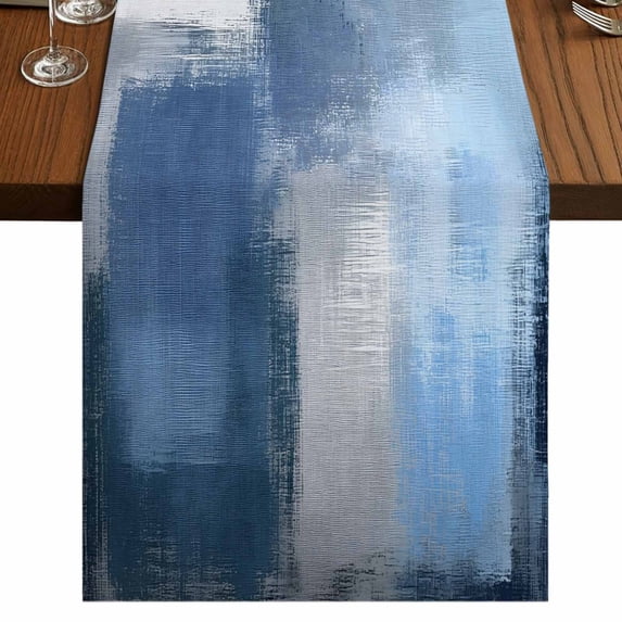 Navy Blue Ombre Table Runner 108 Inches Long, Modern Oil Painting Geometric Cotton Linen Table Runners Dresser Scarves, Decorative Fabric Tabletop Scarf Furniture Cover for Home Dinner Party 13"x108"