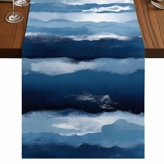 Navy Blue Ombre Table Runner 72 Inches Long,Modern Oil Painting Waves Abstract Cotton Linen Table Runners Dresser Scarves,Decorative Tabletop Scarf Furniture Cover for Home Dinner Party 13"x72"