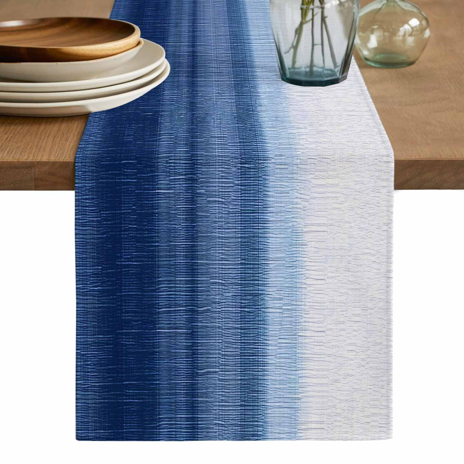 Navy Blue Ombre Table Runner, Farmhouse Modern Gradient Washable Cotton Linen Table Runners 90 Inches Long, Dresser Scarf Runner for Dining/Coffee/Kitchen/Hallway Tables 13''x90''