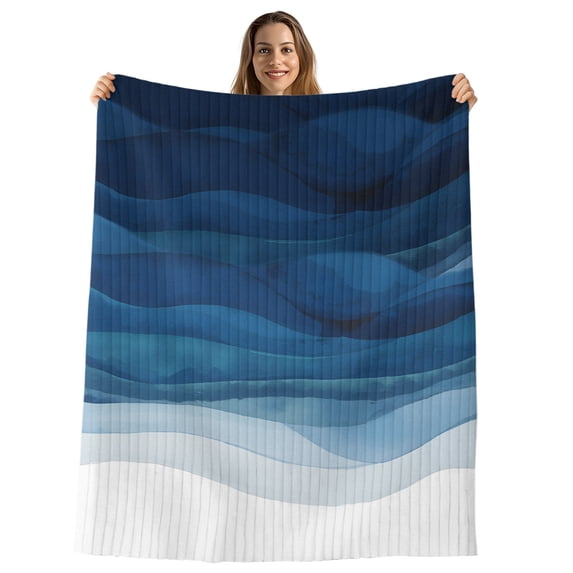 Navy Blue Ombre Throw Blanket, Flannel Fleece Blanket with Striped Design for Couch, Modern Moire Gradient Watercolor Soft Breathable All Season Plush Blankets for Sofa Chair Travel 32"x48"