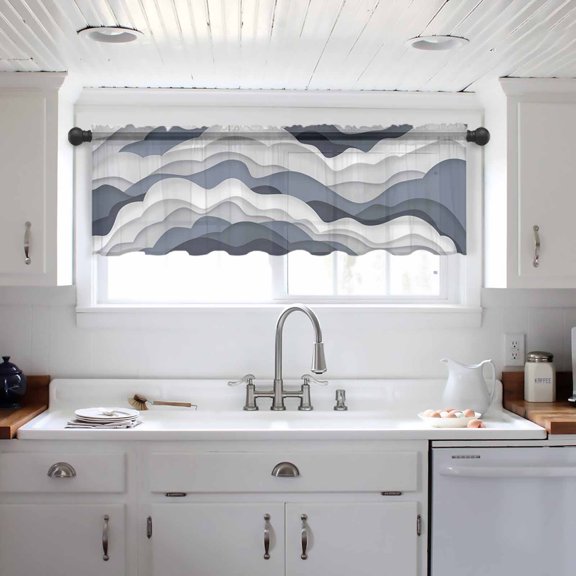 Navy Blue Ombre Valance Curtains for Kitchen/Living Room/Bathroom/Bedroom Window, Modern Geometric Moire Abstract Art Rod Pocket Small Topper Half Short Window Curtains Voile Sheer Scarf 42"x12"