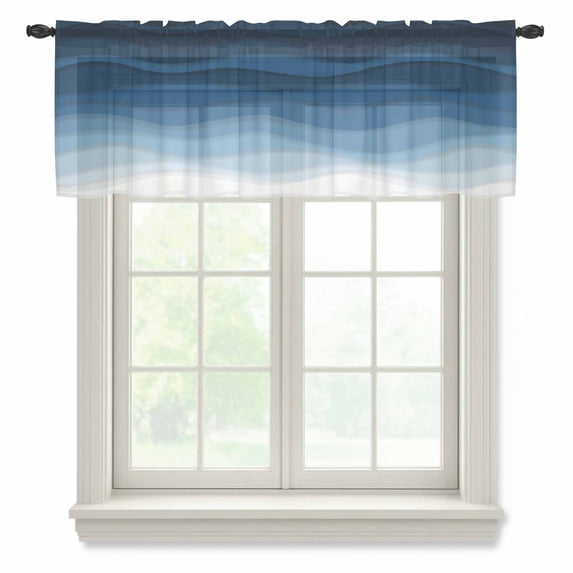 Navy Blue Ombre Valance Curtains for Kitchen/Living Room/Bathroom/Bedroom Window, Rod Pocket Small Topper Half Short Window Curtains Voile Sheer Scarf, Modern Moire Wave Gradient 60"x18"