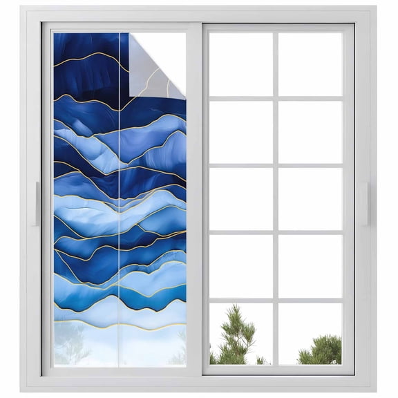 Navy Blue Ombre Window Privacy Film, Modern Moire Abstract Art Luxury Static Cling UV Sun Blocking Heat Control Window Tint Day and Night, Non-Adhesive One Way Windows Privacy Cover 23.6''x59''