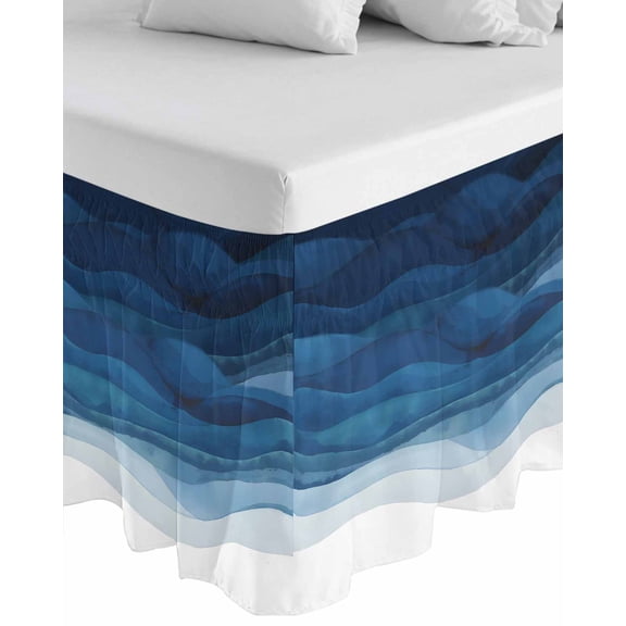 Navy Blue Ombre Wrap Around Bed Skirts for Queen Bed 18" Drop, Bed Skirt with Adjustable Elastic Belt Dust Ruffle Bed Valance for Bedroom Hotel Luxury Modern Moire Gradient Watercolor Bed Frame Cover