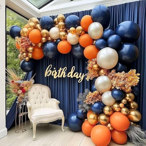 Navy Blue Orange Balloon Garland Arch Kit, Double Stuffed Dark Blue Burnt Orange Pearl White Sand Gold Balloon for Birthday Baby Shower New Year Party Decoration