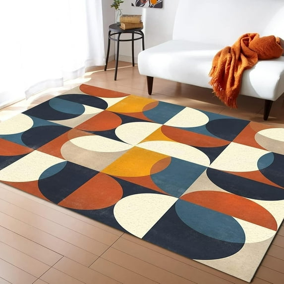 Navy Blue Orange Beige Geometric Patchwork Area Rugs, Abstract Oval Print Decorative Living Room Rugs, Washable Soft and Comfortable for Room Bedroom Office 5x6ft