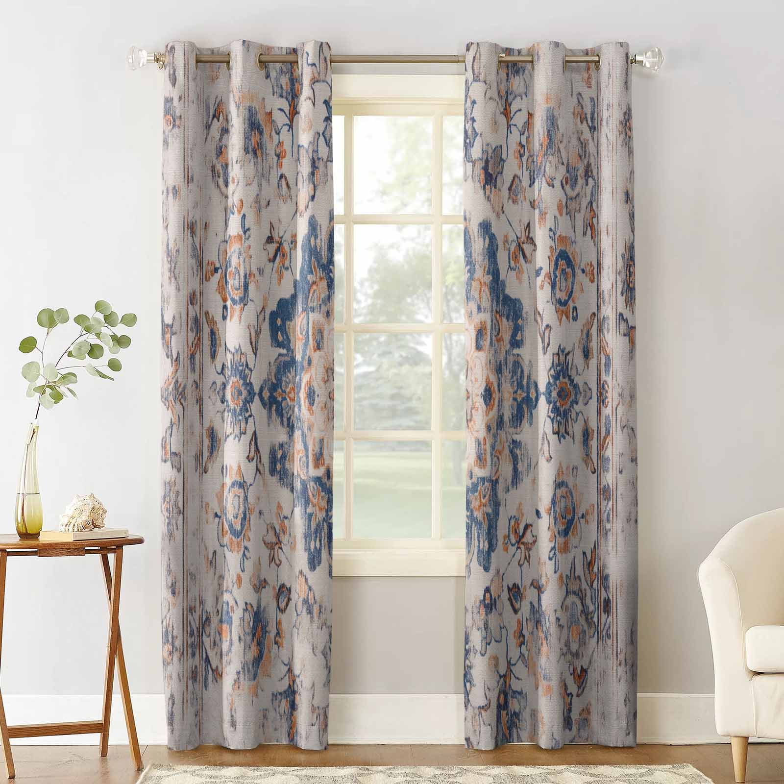 Navy Blue Orange Boho Blackout Curtains 63 Inches Length, Ethnic Tribal Shabby Chic Mandala ...